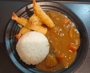 Sweet Curry Rice with well seasoned Fried battered prawns